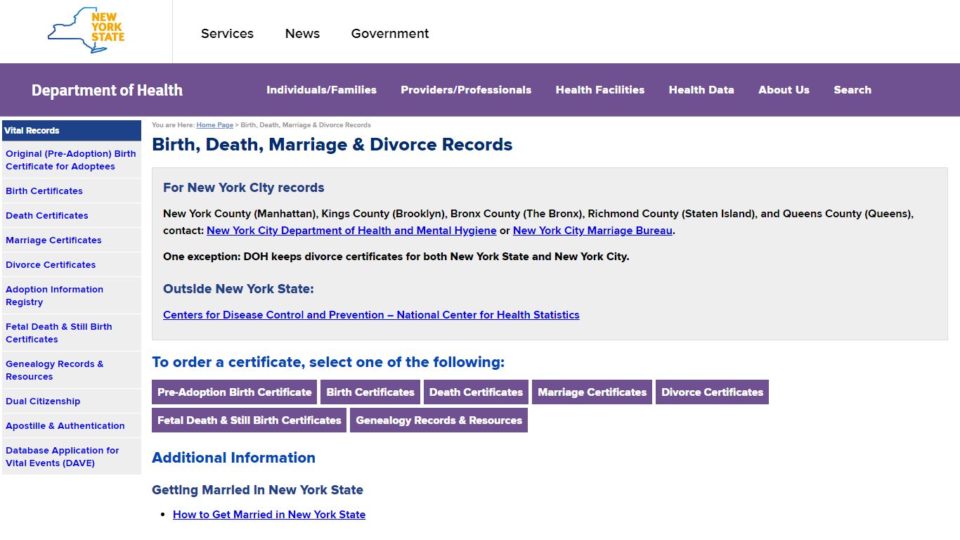 Birth, Death, Marriage & Divorce Records - New York State Department of ...
